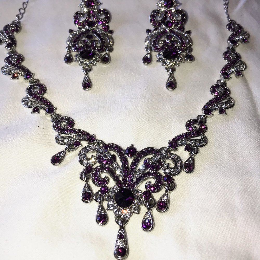 Purple gemstone necklace and earring set